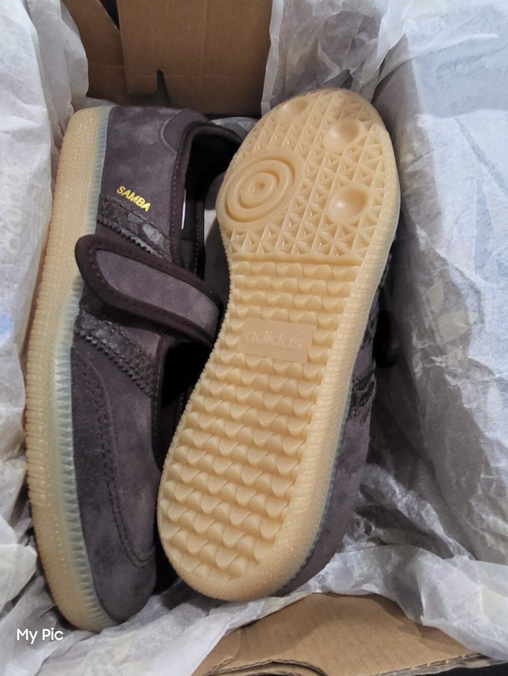 NWOT - Adidas Women Samba Jane Velcro Sneakers in Chocolate Brown, Gum Bottom